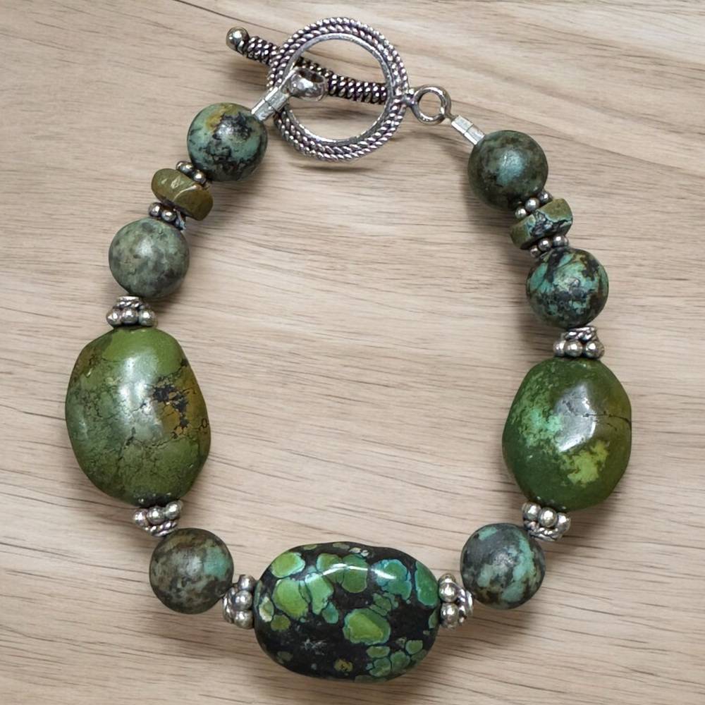 Green Jasper Artisan Bracelet with Silver Accents and Hardware Handmade 7.5 in